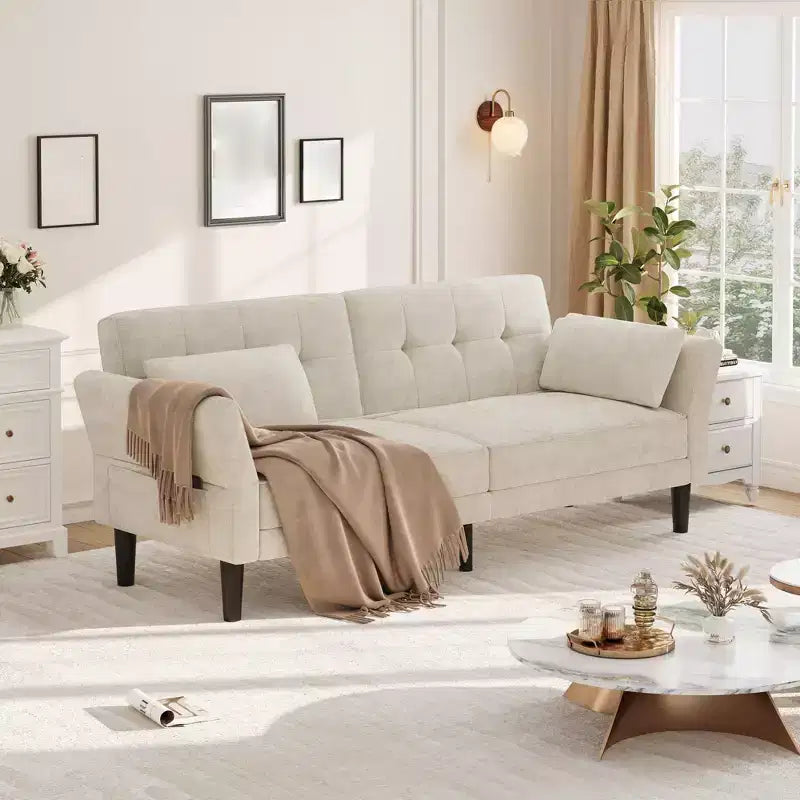 89 Modern Sofa Couch With 2 Pillows, Upholstered Chenille Futon Sofa Bed with Adjustable Backrest, Deep Seat Sofa Couch for Apartment, Beige