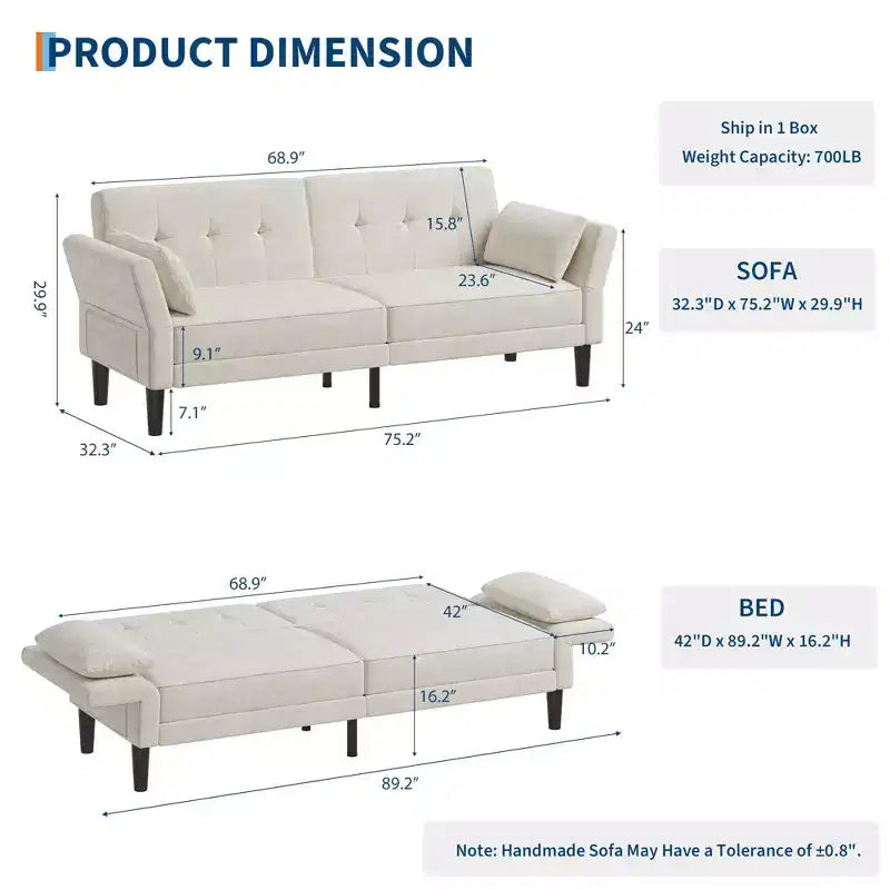 Divano moderno con 2 cuscini, divano letto futon imbottito in ciniglia con schienale regolabile
