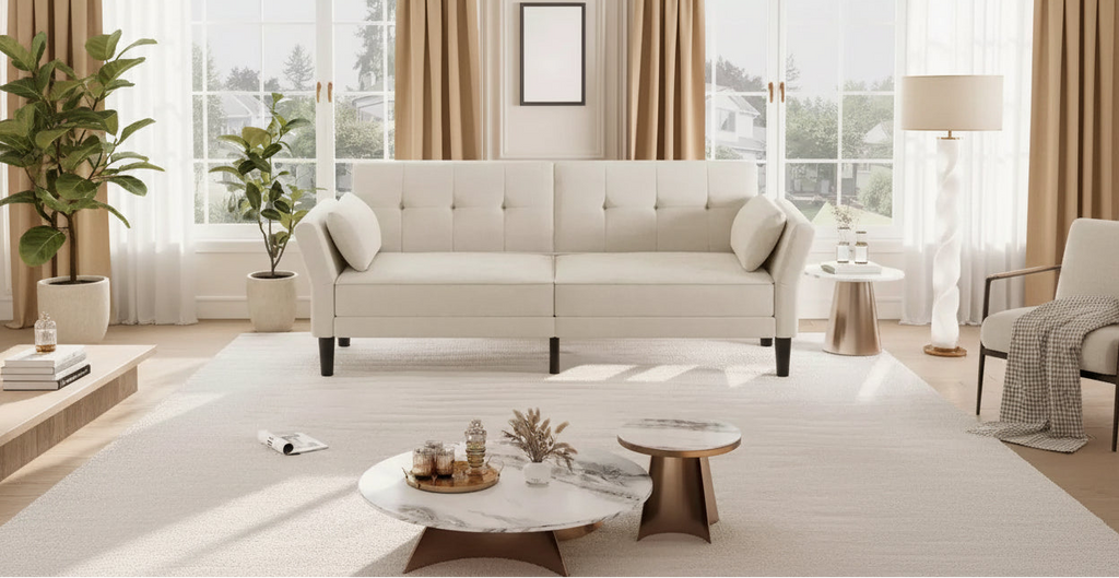 Divano moderno con 2 cuscini, divano letto futon imbottito in ciniglia con schienale regolabile