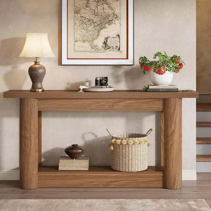 Tavolo consolle da 160 cm in stile rustico, Tavolino stretto e lungo da divano, Mobile da ingresso a 2 ripiani per soggiorno