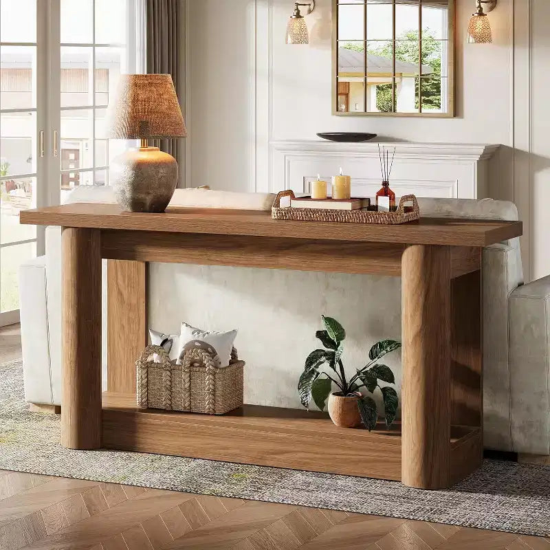Tavolo consolle da 160 cm in stile rustico, Tavolino stretto e lungo da divano, Mobile da ingresso a 2 ripiani per soggiorno