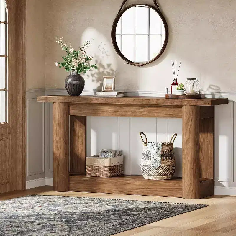 Tavolo consolle da 160 cm in stile rustico, Tavolino stretto e lungo da divano, Mobile da ingresso a 2 ripiani per soggiorno