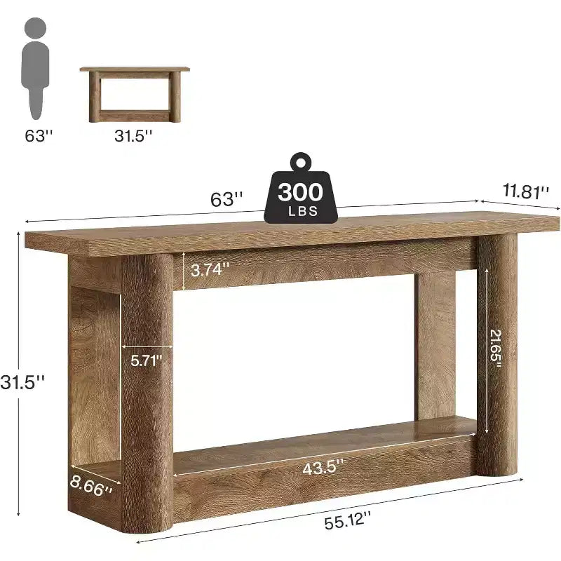Tavolo consolle da 160 cm in stile rustico, Tavolino stretto e lungo da divano, Mobile da ingresso a 2 ripiani per soggiorno