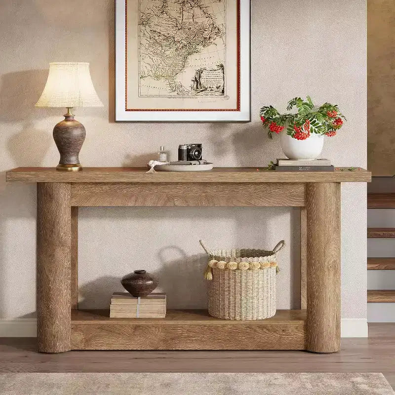 Tavolo consolle da 160 cm in stile rustico, Tavolino stretto e lungo da divano, Mobile da ingresso a 2 ripiani per soggiorno