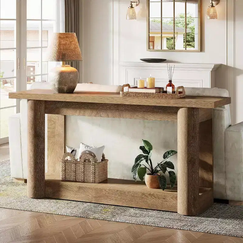 Tavolo consolle da 160 cm in stile rustico, Tavolino stretto e lungo da divano, Mobile da ingresso a 2 ripiani per soggiorno