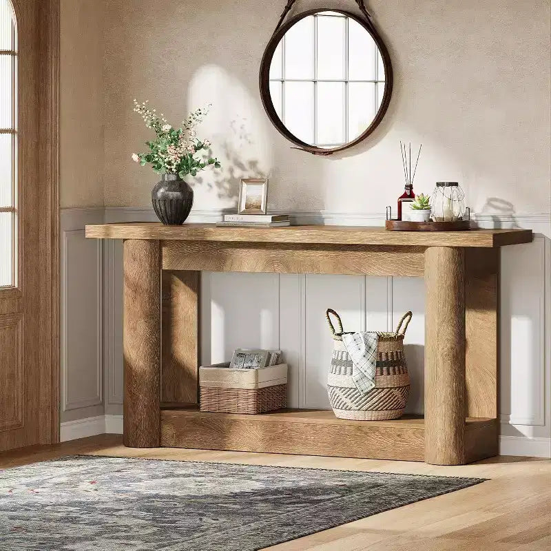 Tavolo consolle da 160 cm in stile rustico, Tavolino stretto e lungo da divano, Mobile da ingresso a 2 ripiani per soggiorno