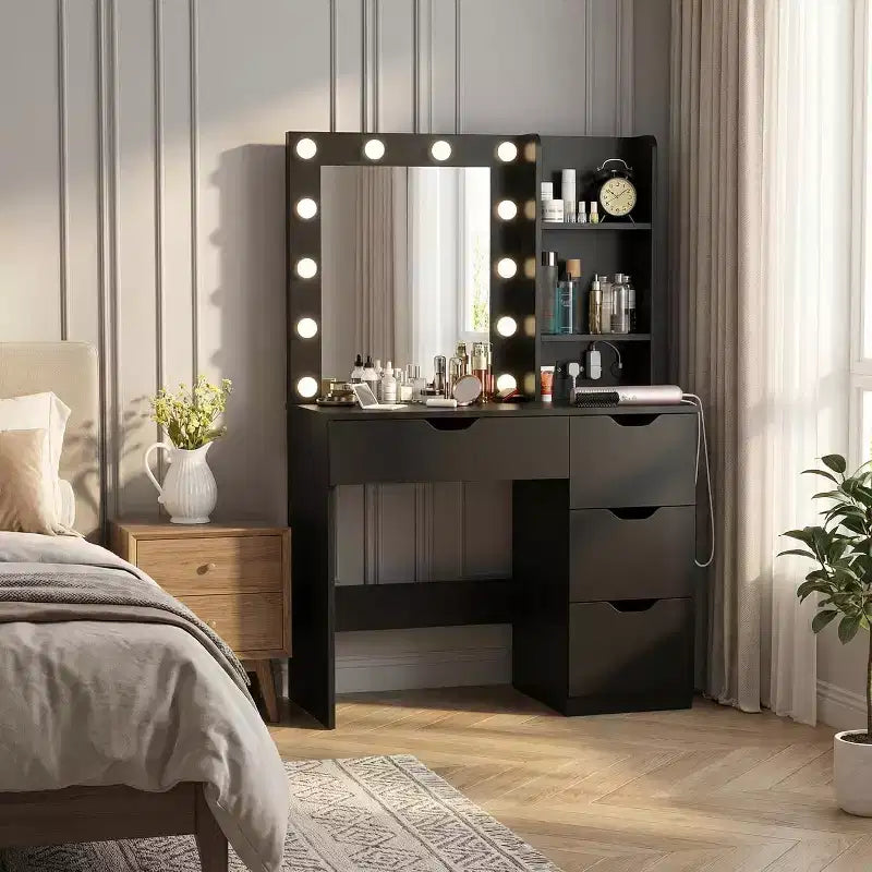 Toeletta con 4 cassetti, 2 ripiani, cassettiera moderna, camera da letto o spogliatoio