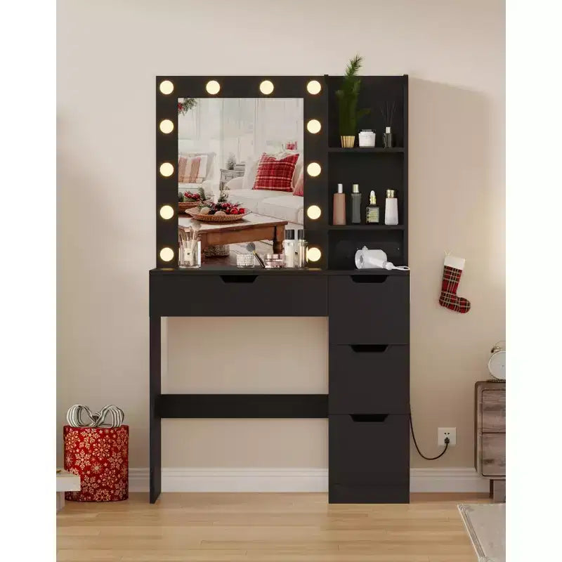 Makeup Vanity Desk with 4 Drawers, 2 Shelves, Modern Dresser, Bedroom or Dressing Room