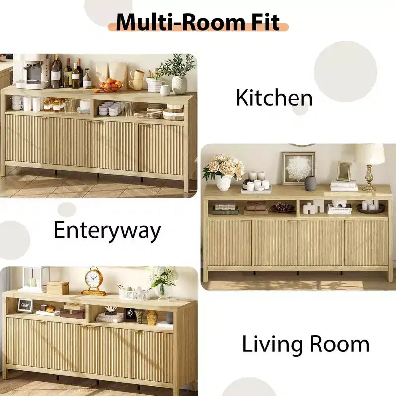 Madia/credenza scanalata da 65,8 pollici con 4 ante, mobile contenitore per cucina, madia in legno per sala da pranzo, soggiorno, ingresso