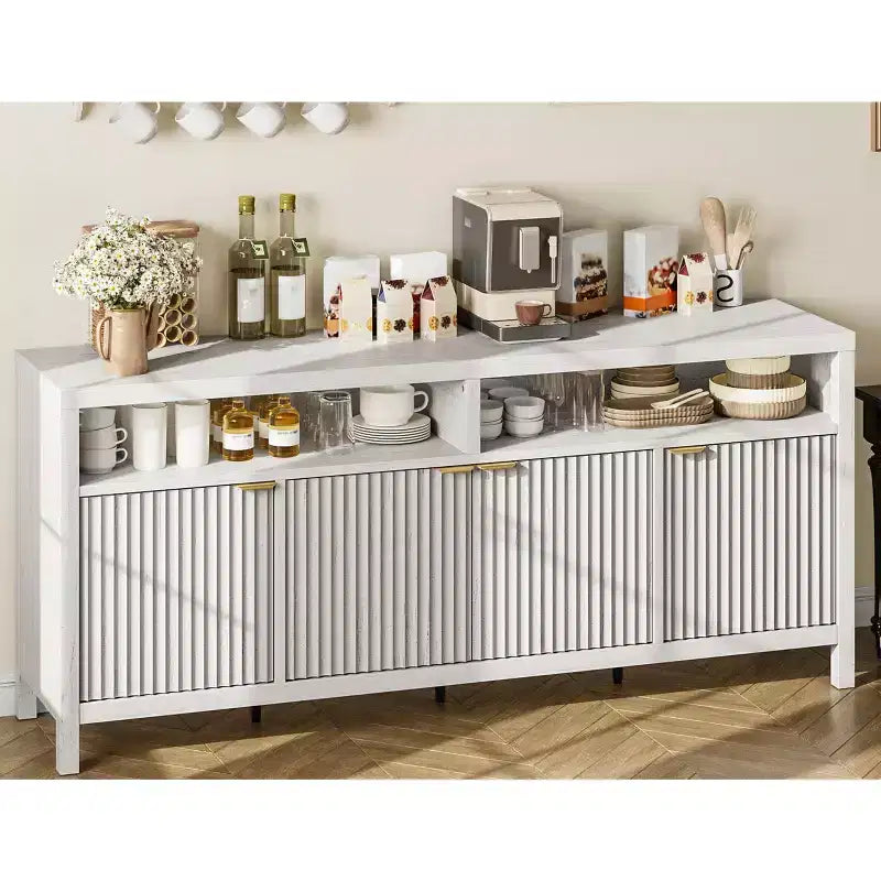 Coolmee 65.8 Inch Fluted Sideboard Buffet Cabinet with 4 Doors, Kitchen Storage Cabinet, Wood Sideboard for Dining Room, Living Room, Entryway