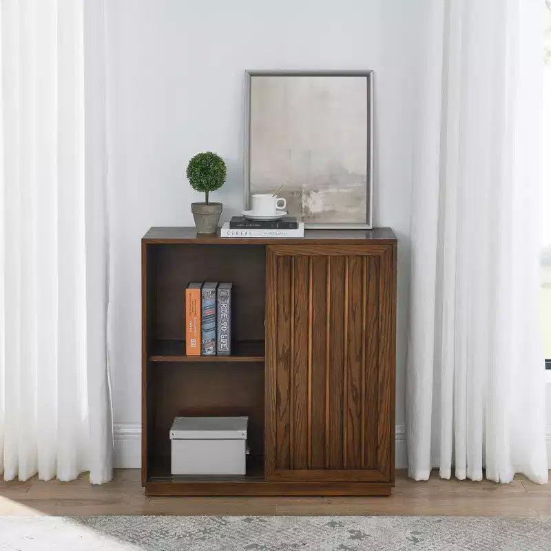 Credenza in legno a venatura di metà secolo con 2 ante scorrevoli