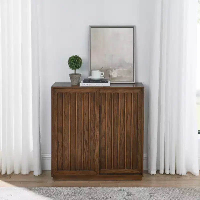 Credenza in legno a venatura di metà secolo con 2 ante scorrevoli
