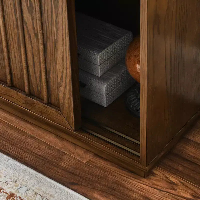 Credenza in legno a venatura di metà secolo con 2 ante scorrevoli