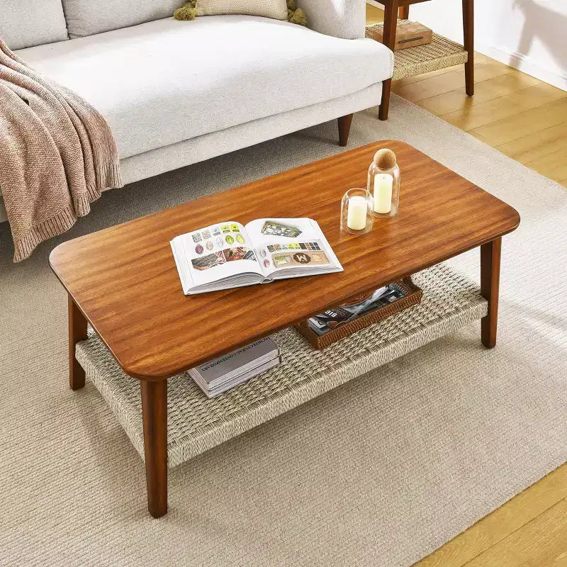 GDFStudio Ramsay Mid-Century Modern Rubberwood Coffee Table with Woven Rattan Shelf