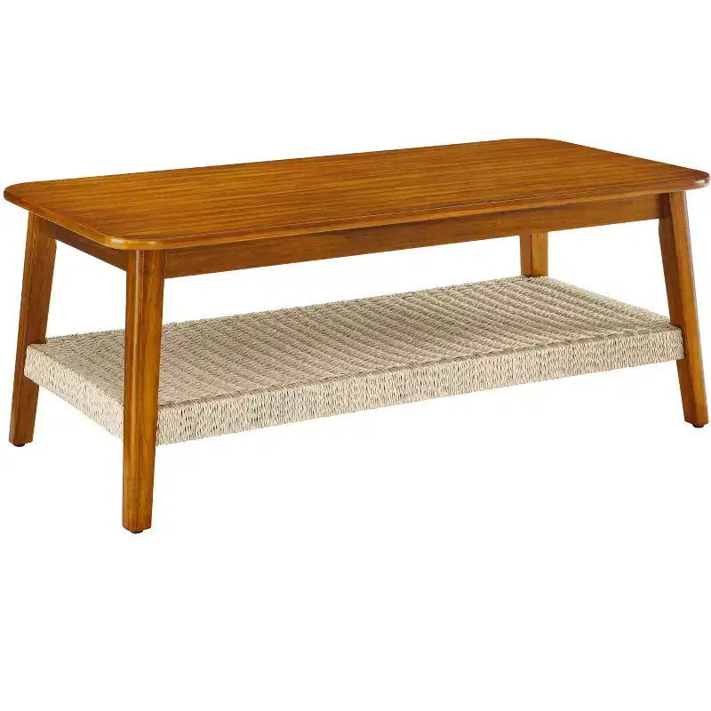 Tavolino da caffè in legno di gomma stile Mid-Century Modern con ripiano in rattan intrecciato