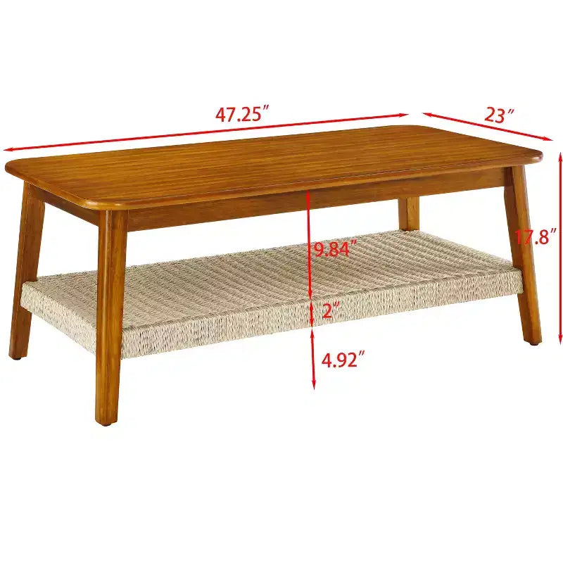 Tavolino da caffè in legno di gomma stile Mid-Century Modern con ripiano in rattan intrecciato