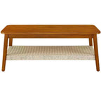 Tavolino da caffè in legno di gomma stile Mid-Century Modern con ripiano in rattan intrecciato