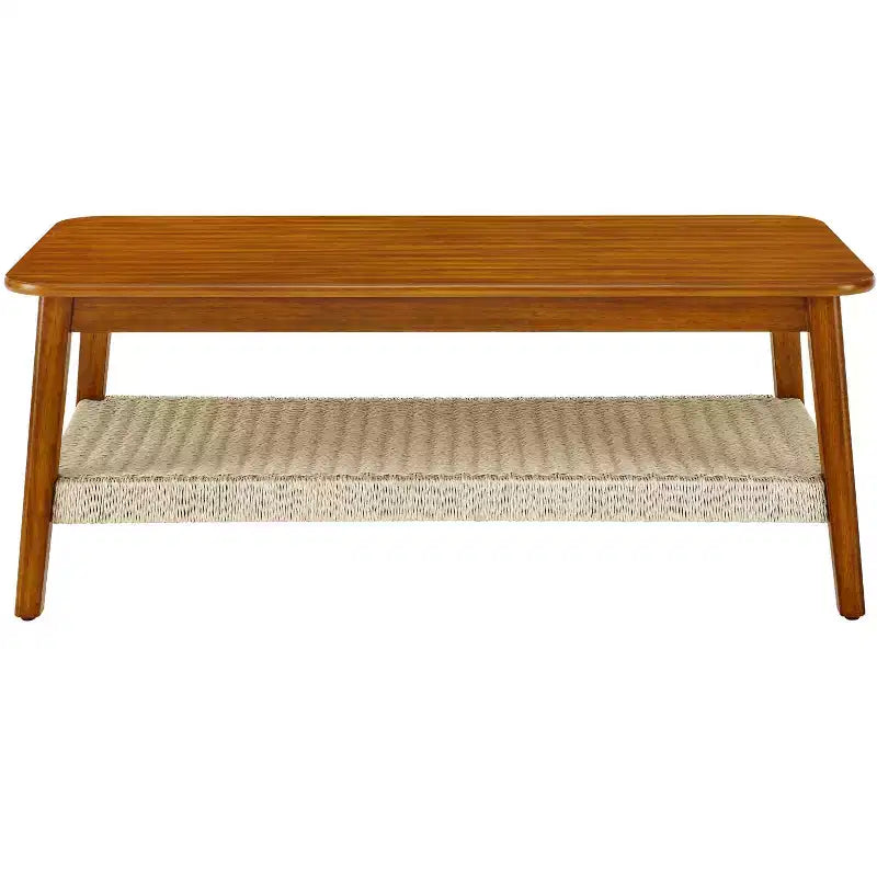 Tavolino da caffè in legno di gomma stile Mid-Century Modern con ripiano in rattan intrecciato