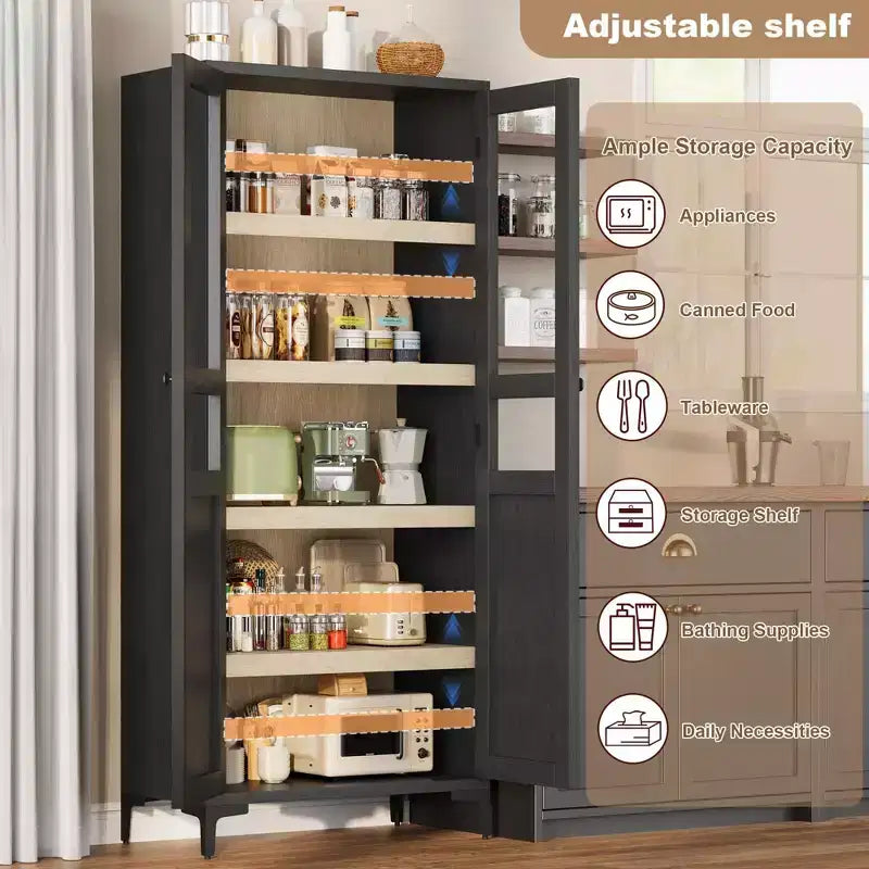 Mobile Contenitore Alto 160 cm con 2 Ante, Dispensa da Cucina, Armadietto da Bagno a 5 Ripiani Regolabili per Cucina, Sala da Pranzo, Bagno