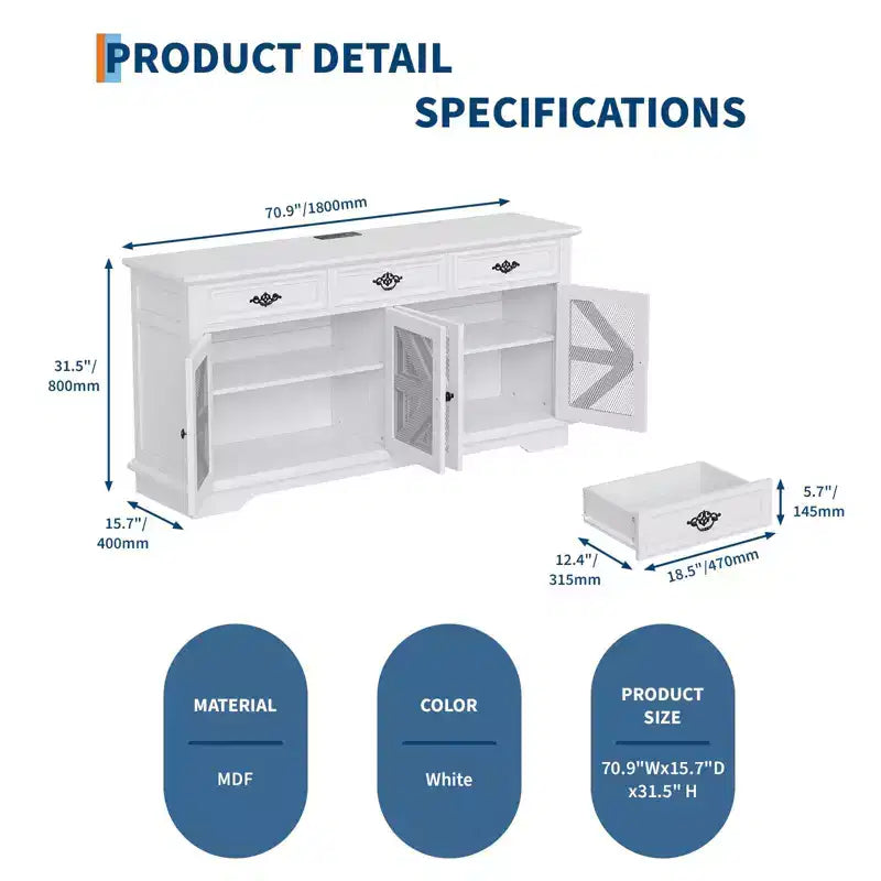 Madia Credenza da 70 cm, Dispensa da Cucina con 3 Cassetti, Mobile Bar in Legno, Consolle da Ingresso per Sala da Pranzo Soggiorno
