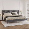 Velvet King Size Bed Frame with Wingback Design, Deep Button Tufting, Metal Stability, Easy Assembly