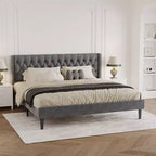 Velvet King Size Bed Frame with Wingback Design, Deep Button Tufting, Metal Stability, Easy Assembly