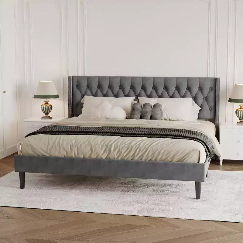 Struttura Letto King Size in Velluto con Design Wingback, Profonda Trapuntatura a Bottoni, Stabilità in Metallo, Facile Montaggio