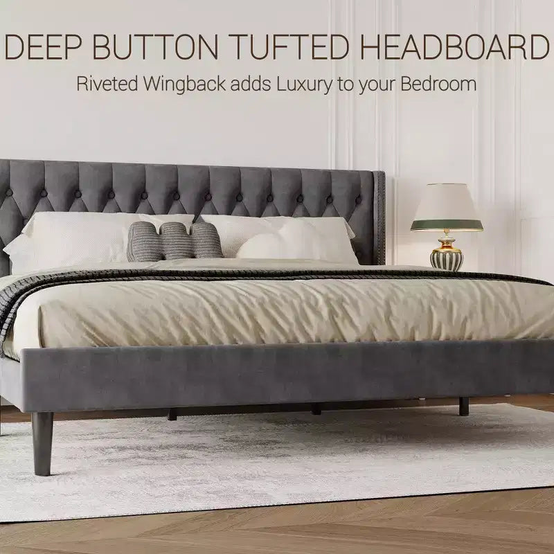 Struttura Letto King Size in Velluto con Design Wingback, Profonda Trapuntatura a Bottoni, Stabilità in Metallo, Facile Montaggio
