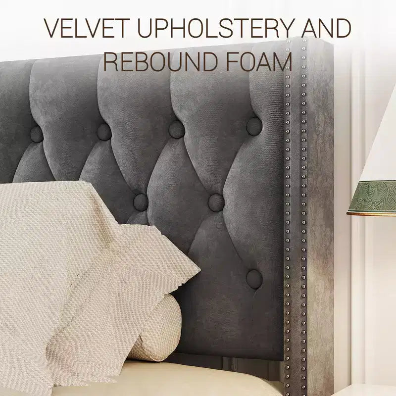 Struttura Letto King Size in Velluto con Design Wingback, Profonda Trapuntatura a Bottoni, Stabilità in Metallo, Facile Montaggio