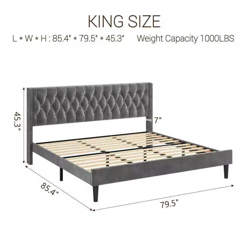 Struttura Letto King Size in Velluto con Design Wingback, Profonda Trapuntatura a Bottoni, Stabilità in Metallo, Facile Montaggio