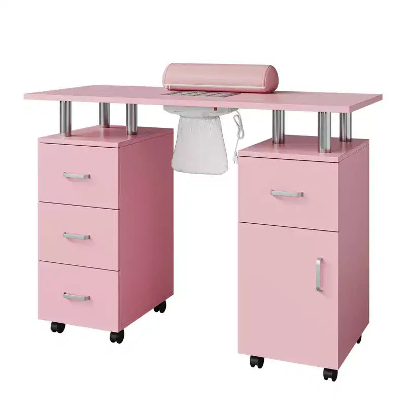 Nail Desk Station with Electric Downdraft Vent, Locking Castors, Wrist Cushion, Drawers & Cabinet for Spa Beauty Salon