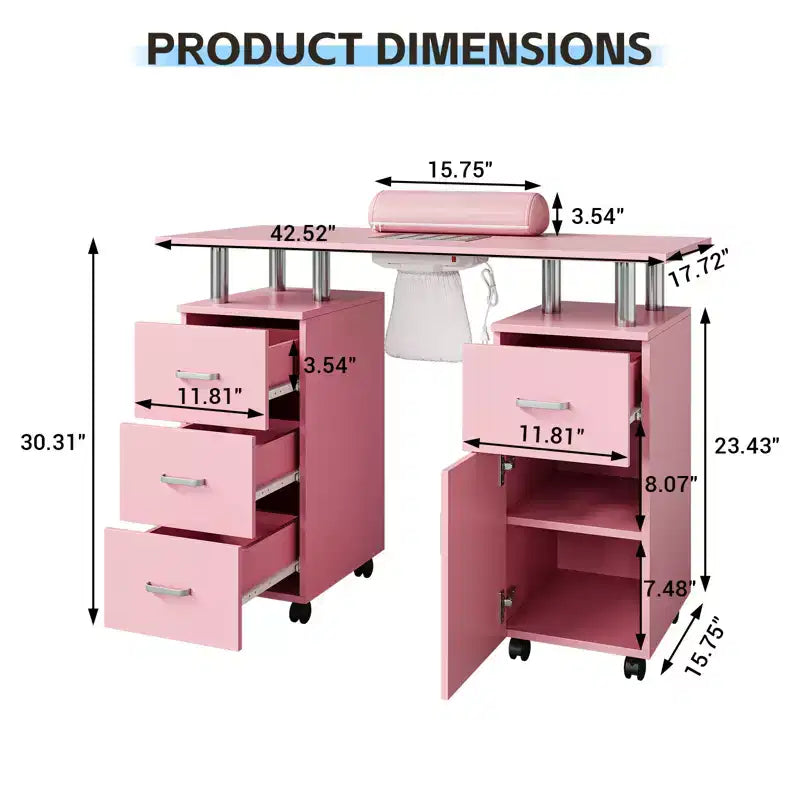 Postazione Nail Desk con Ventilazione Elettrica a Cascata, Ruote Bloccabili, Cuscino Poggiapolsi, Cassetti e Armadietto per Salone di Bellezza e Spa