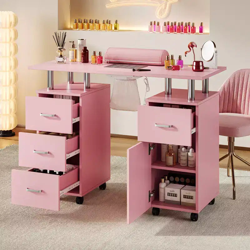 Postazione Nail Desk con Ventilazione Elettrica a Cascata, Ruote Bloccabili, Cuscino Poggiapolsi, Cassetti e Armadietto per Salone di Bellezza e Spa