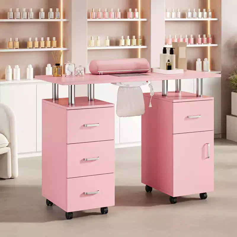 Postazione Nail Desk con Ventilazione Elettrica a Cascata, Ruote Bloccabili, Cuscino Poggiapolsi, Cassetti e Armadietto per Salone di Bellezza e Spa