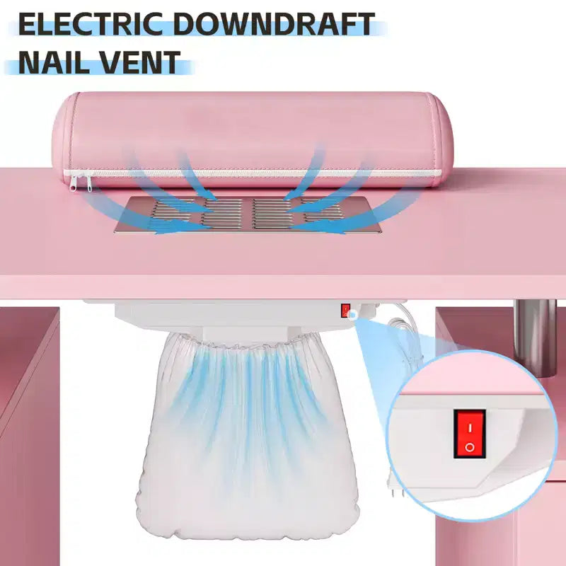 Postazione Nail Desk con Ventilazione Elettrica a Cascata, Ruote Bloccabili, Cuscino Poggiapolsi, Cassetti e Armadietto per Salone di Bellezza e Spa
