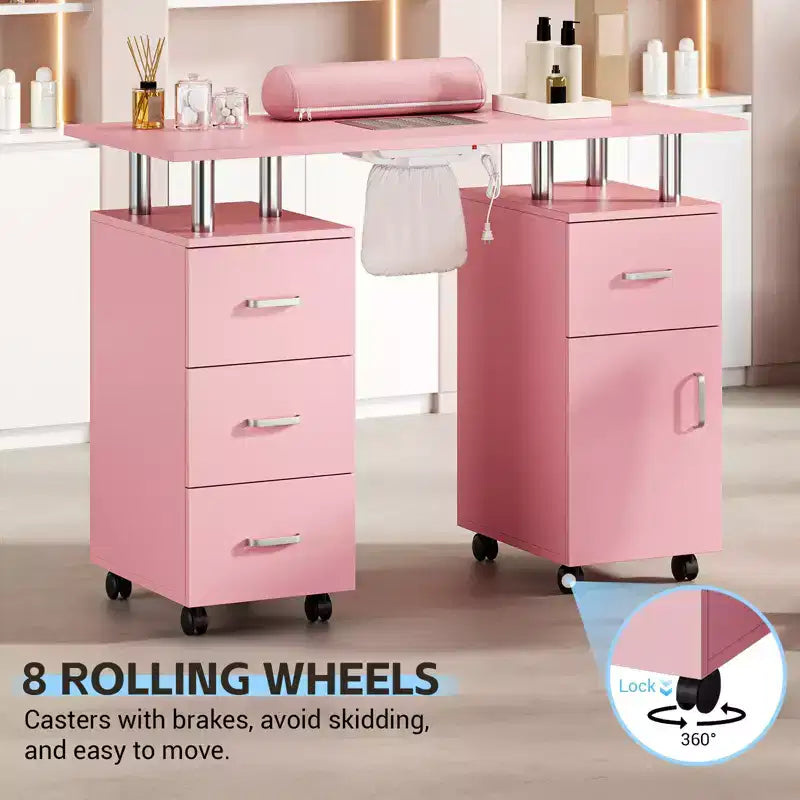 Postazione Nail Desk con Ventilazione Elettrica a Cascata, Ruote Bloccabili, Cuscino Poggiapolsi, Cassetti e Armadietto per Salone di Bellezza e Spa