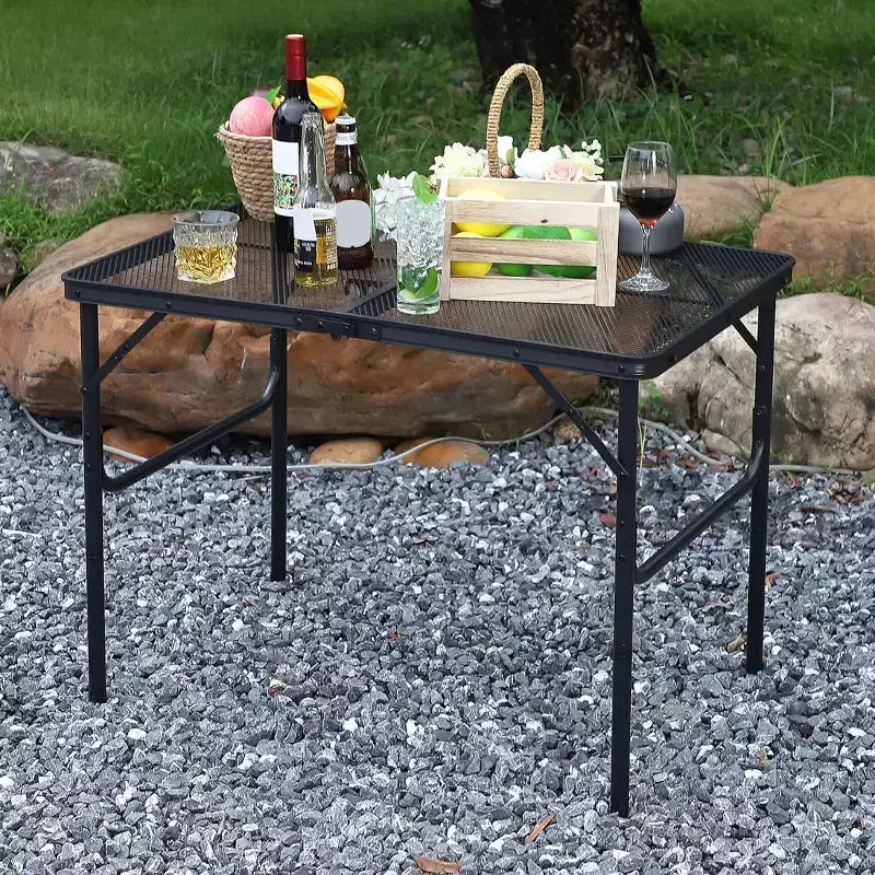 Acekool 3x2FT Folding Grill Table with Mesh Top, Adjustable Height Portable Metal Camping Table for BBQ, Picnic, Outdoor Cooking, Black