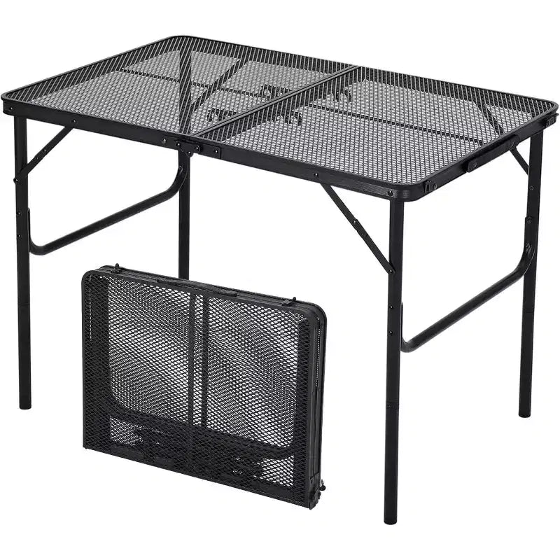 Tavolo da Grill Pieghevole 3x2FT con Piano a Rete, Tavolo da Campeggio Portatile in Metallo Regolabile in Altezza per Barbecue, Picnic, Cucina da Esterno, Nero