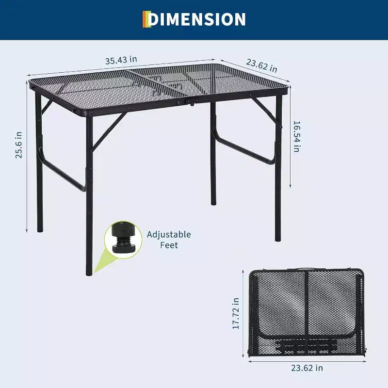 Tavolo da Grill Pieghevole 3x2FT con Piano a Rete, Tavolo da Campeggio Portatile in Metallo Regolabile in Altezza per Barbecue, Picnic, Cucina da Esterno, Nero