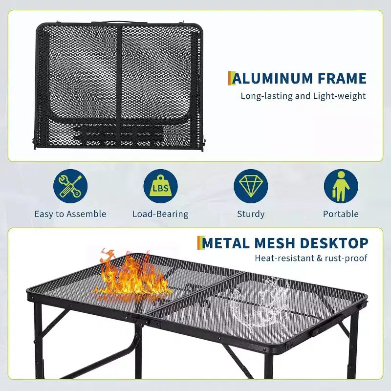 Tavolo da Grill Pieghevole 3x2FT con Piano a Rete, Tavolo da Campeggio Portatile in Metallo Regolabile in Altezza per Barbecue, Picnic, Cucina da Esterno, Nero