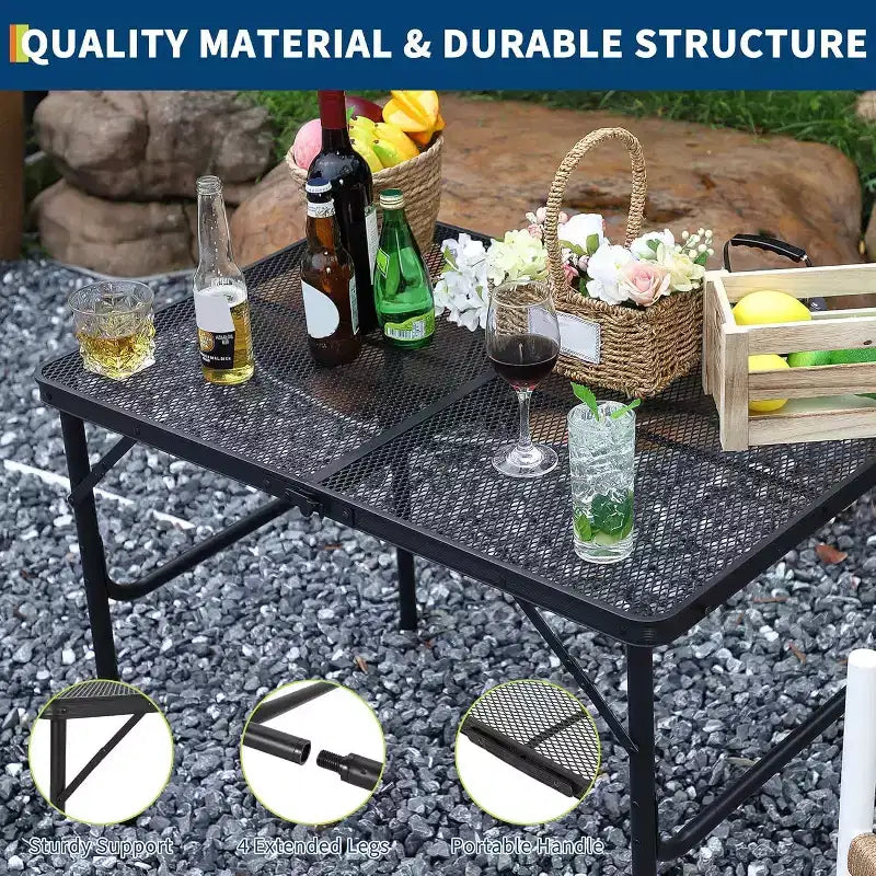 Tavolo da Grill Pieghevole 3x2FT con Piano a Rete, Tavolo da Campeggio Portatile in Metallo Regolabile in Altezza per Barbecue, Picnic, Cucina da Esterno, Nero
