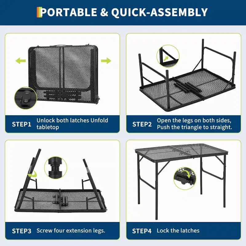 Tavolo da Grill Pieghevole 3x2FT con Piano a Rete, Tavolo da Campeggio Portatile in Metallo Regolabile in Altezza per Barbecue, Picnic, Cucina da Esterno, Nero