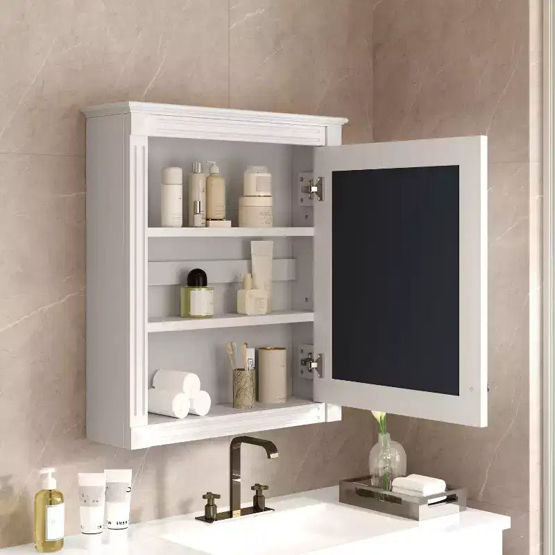 Pensile da bagno con specchio, armadietto dei medicinali con ripiano regolabile in altezza, bianco