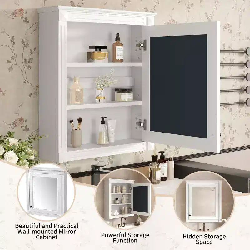 Pensile da bagno con specchio, armadietto dei medicinali con ripiano regolabile in altezza, bianco