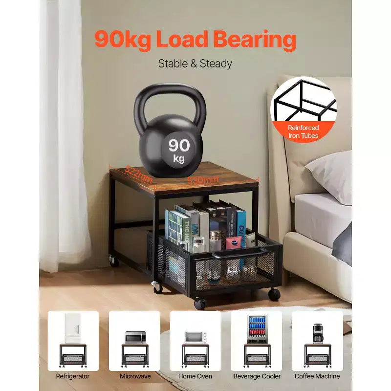 Supporto per mini frigo con vano portaoggetti, capacità 90 kg, carrello portaoggetti mobile e ruote girevoli, marrone chiaro