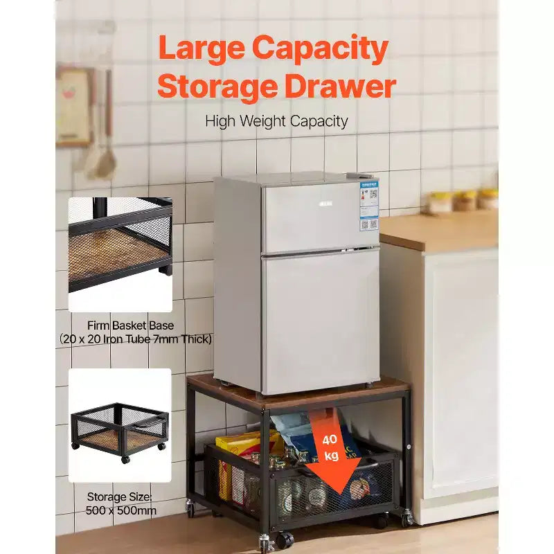 Supporto per mini frigo con vano portaoggetti, capacità 90 kg, carrello portaoggetti mobile e ruote girevoli, marrone chiaro