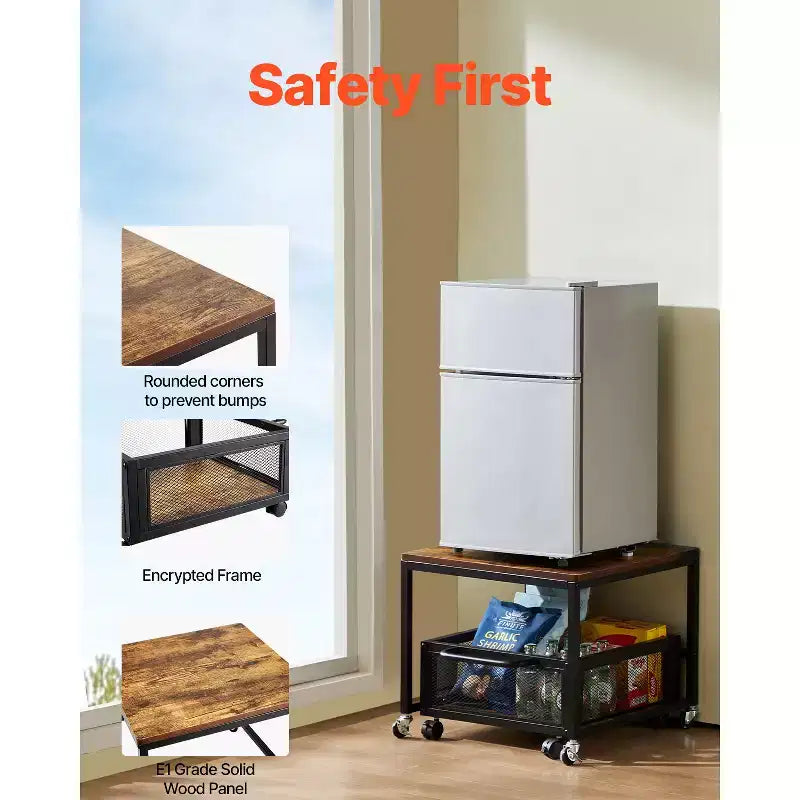 Supporto per mini frigo con vano portaoggetti, capacità 90 kg, carrello portaoggetti mobile e ruote girevoli, marrone chiaro