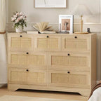 7 Drawer Rattan Dresser,47.2''Wide Boho Dresser, Chest of Drawers, Closet Organizer, Natural Wood Dressers Chest for Bedroom, Living Room, Entryway