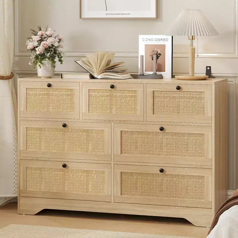 7 Drawer Rattan Dresser,47.2''Wide Boho Dresser, Chest of Drawers, Closet Organizer, Natural Wood Dressers Chest for Bedroom, Living Room, Entryway
