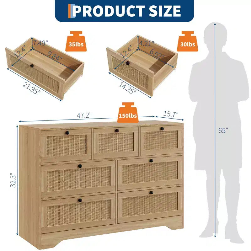 Cassettiera in Rattan a 7 Cassetti, Cassettiera Boho Larga 120 cm, Cassettiera, Organizer per Armadio, Cassettiera in Legno Naturale per Camera da Letto, Soggiorno, Ingresso